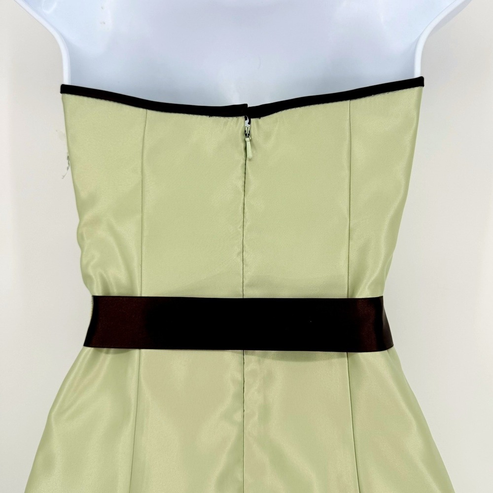Jessica McClintock Gunne Sax Sage Green Satin Strapless Dress Brown Sash 3 Y2K - Picture 5 of 13